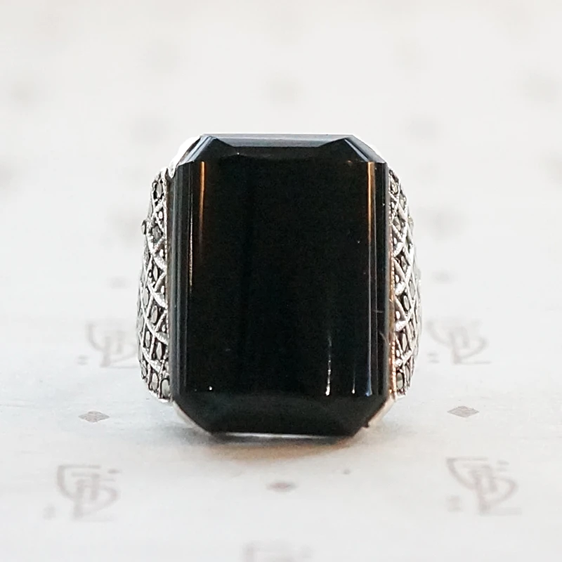 German Dark Sparkle Onyx and Marcasite Ring