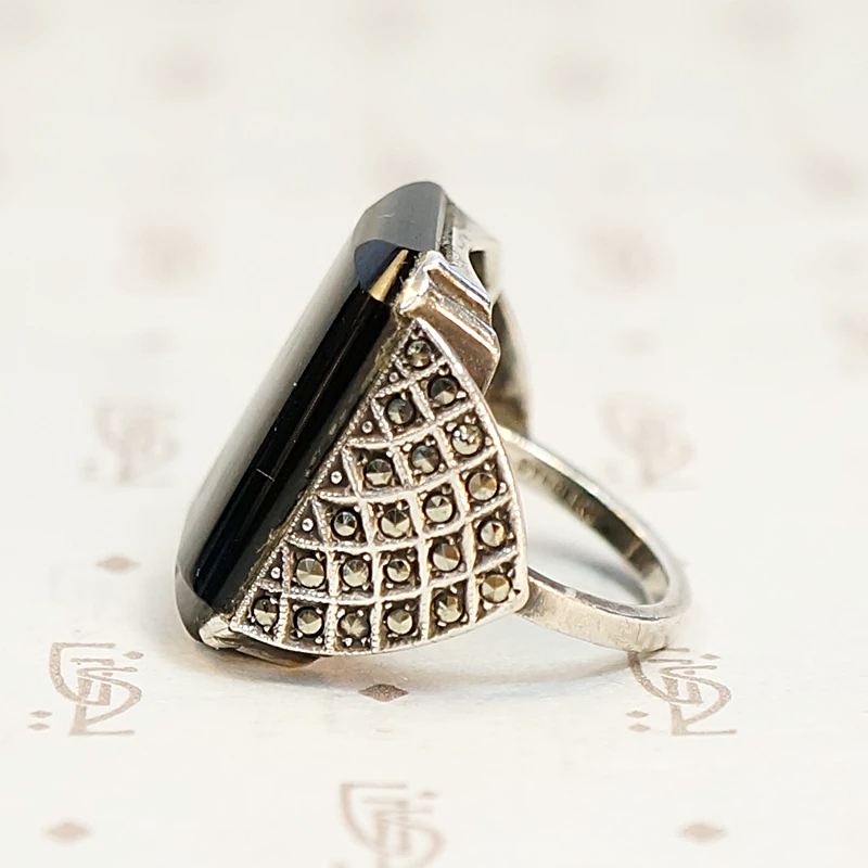 German Dark Sparkle Onyx and Marcasite Ring