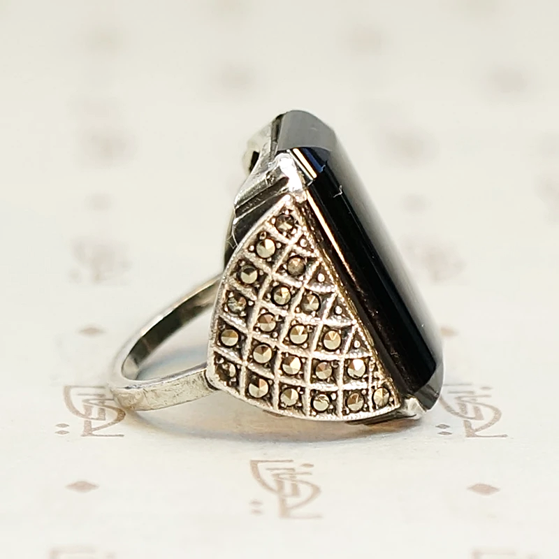 German Dark Sparkle Onyx and Marcasite Ring