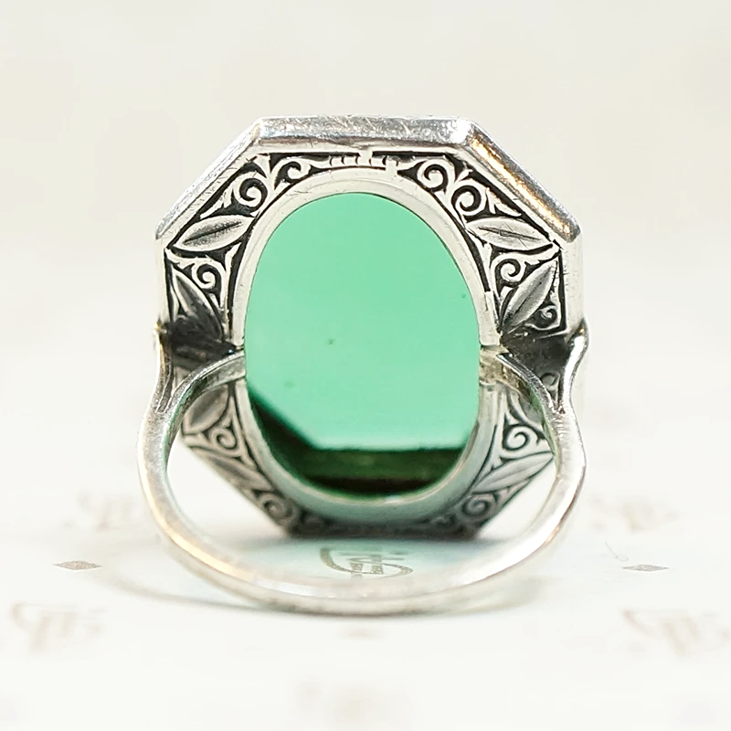 Art Deco Chrysoprase with Marcasite Halo Ring