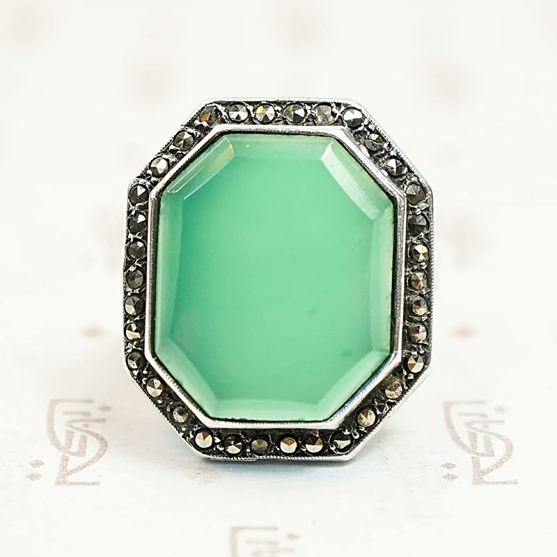 Art Deco Chrysoprase with Marcasite Halo Ring