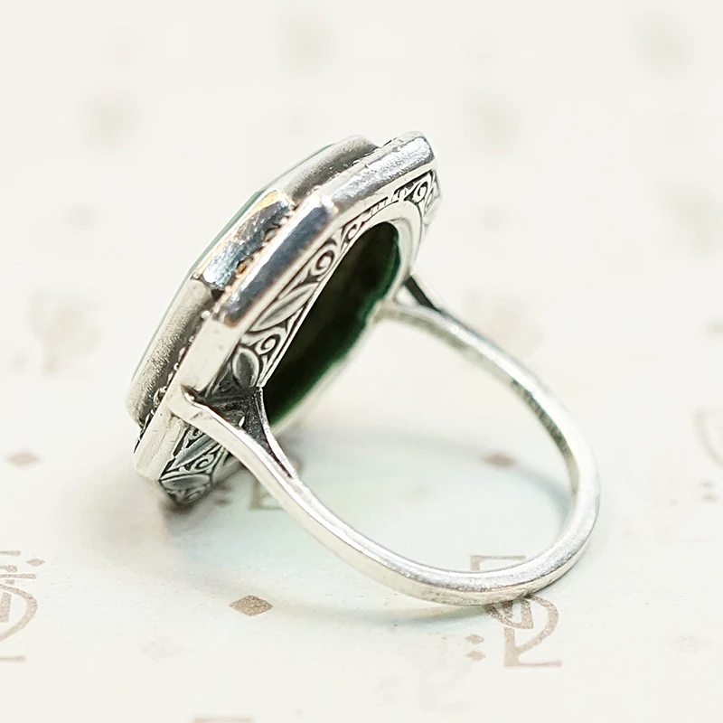 Art Deco Chrysoprase with Marcasite Halo Ring