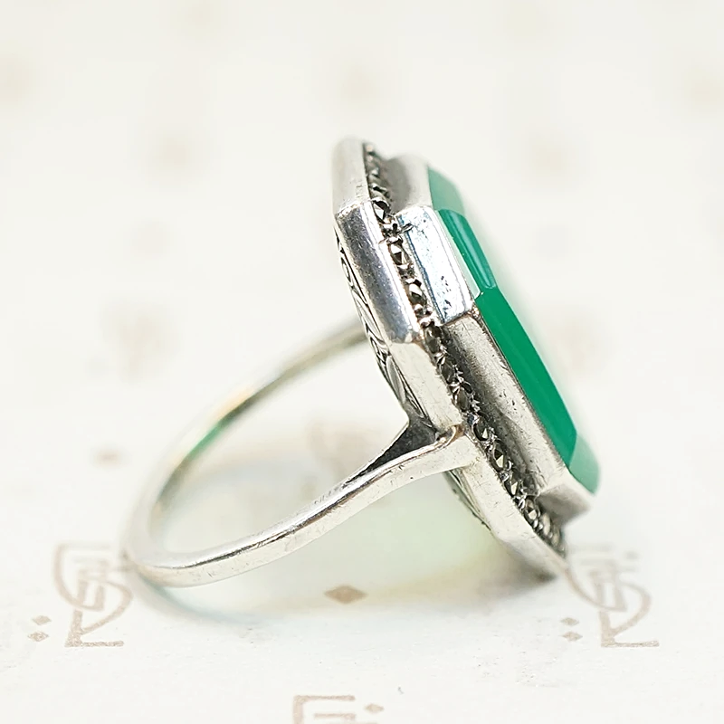 Art Deco Chrysoprase with Marcasite Halo Ring