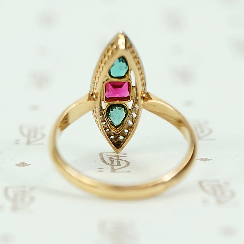 French Ruby, Emerald and Diamond Art Deco Navette Ring