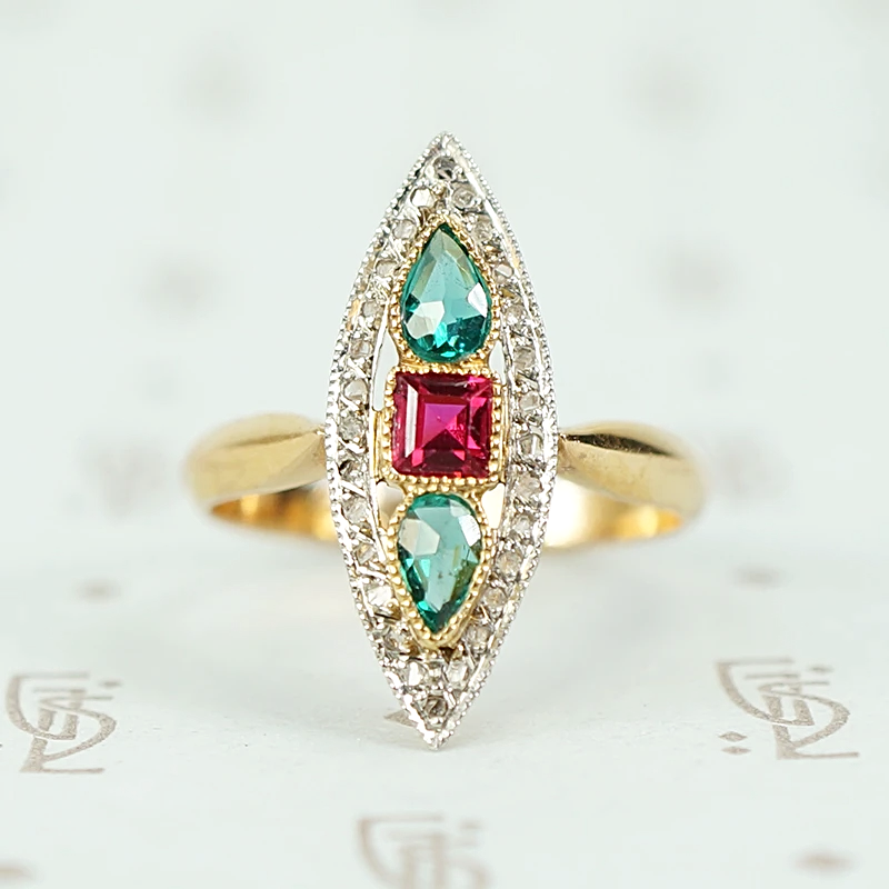 French Ruby, Emerald and Diamond Art Deco Navette Ring