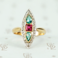 French Ruby, Emerald and Diamond Art Deco Navette Ring