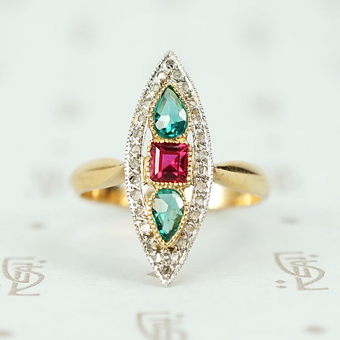 French Ruby, Emerald and Diamond Art Deco Navette Ring