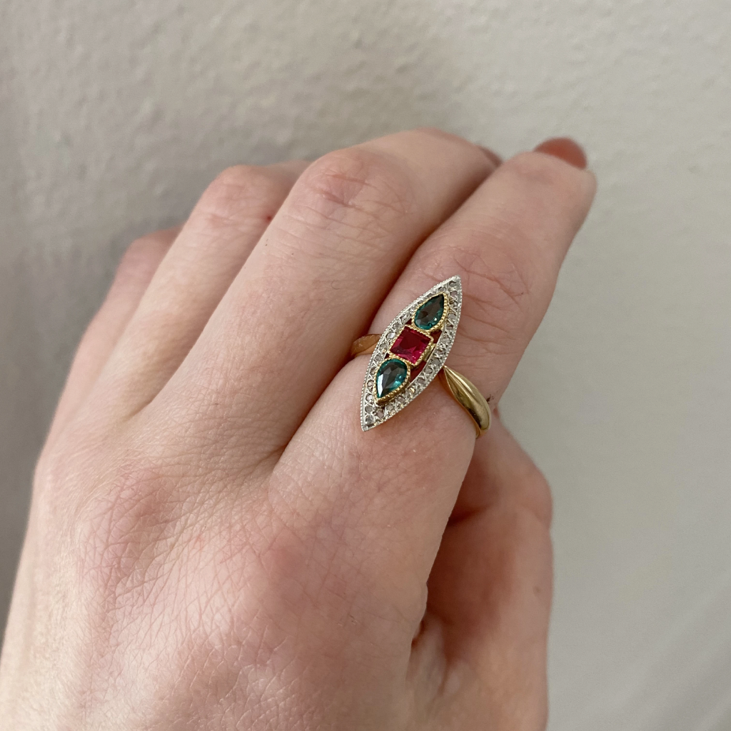 French Ruby, Emerald and Diamond Art Deco Navette Ring