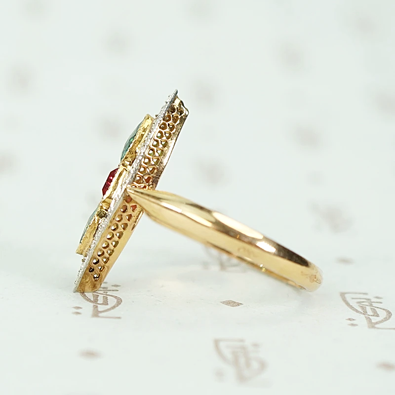French Ruby, Emerald and Diamond Art Deco Navette Ring