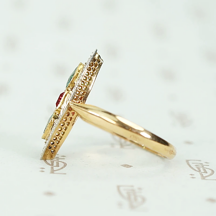 French Ruby, Emerald and Diamond Art Deco Navette Ring
