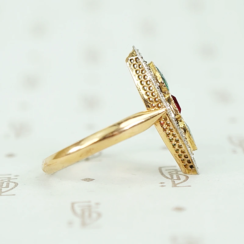 French Ruby, Emerald and Diamond Art Deco Navette Ring