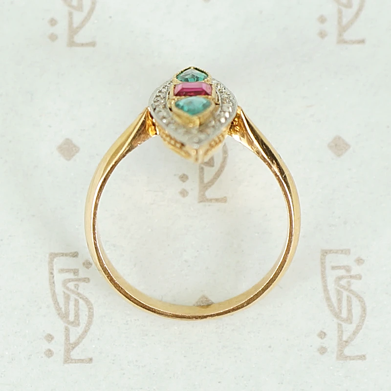 French Ruby, Emerald and Diamond Art Deco Navette Ring