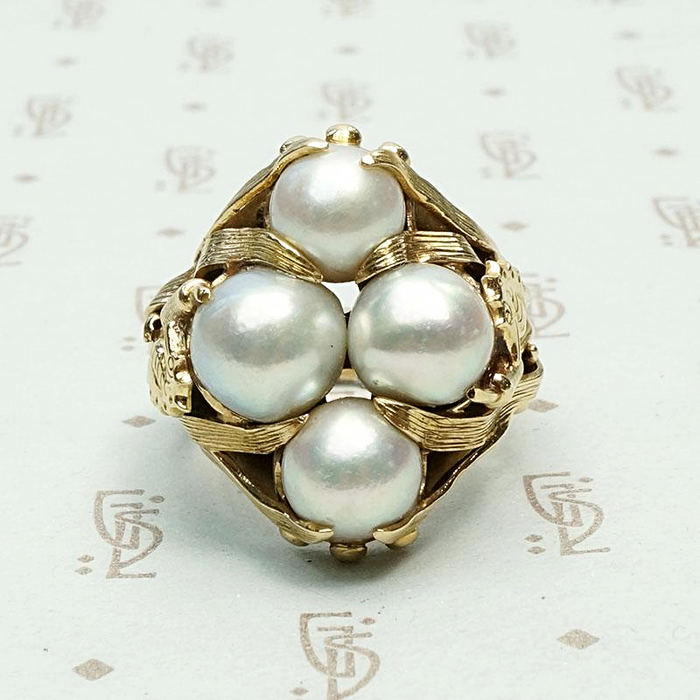 Aquatic Mid Century Cocktail Ring in Gold & Pearls