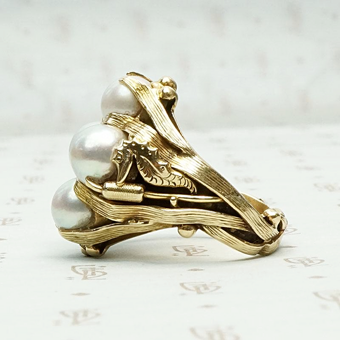 Aquatic Mid Century Cocktail Ring in Gold & Pearls
