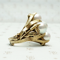 Aquatic Mid Century Cocktail Ring in Gold & Pearls