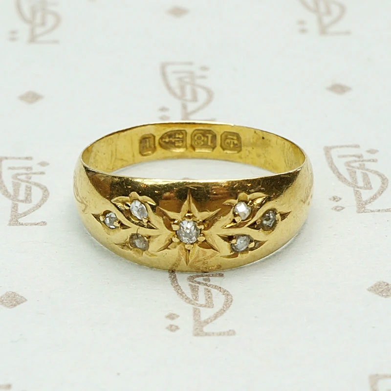Romantic English 18k Gold and Diamond Band. Hallmark view.