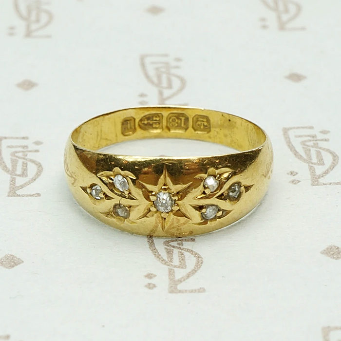 Romantic English 18k Gold and Diamond Band. Hallmark view.