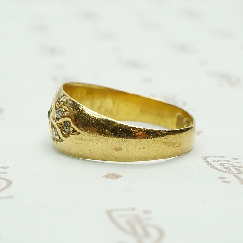 Romantic English 18k Gold and Diamond Band. Left view.