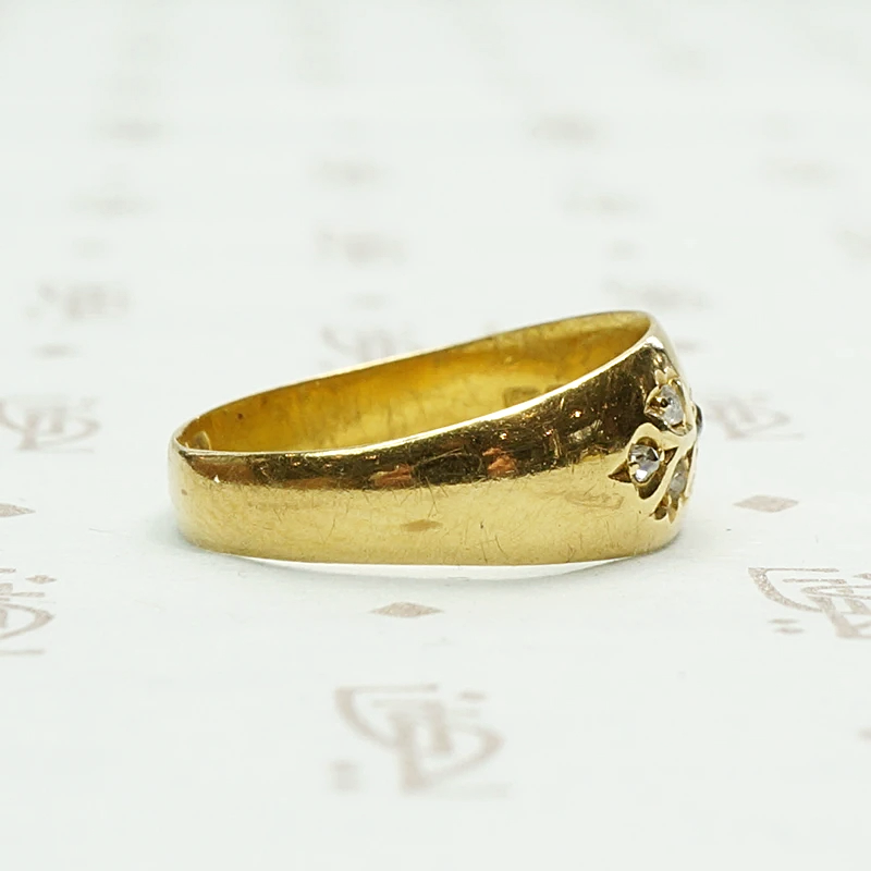 Romantic English 18k Gold and Diamond Band. Right view.