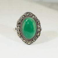 Elegant European Chrysoprase Marcasite & Silver Ring