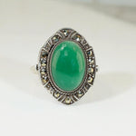 Elegant European Chrysoprase Marcasite & Silver Ring