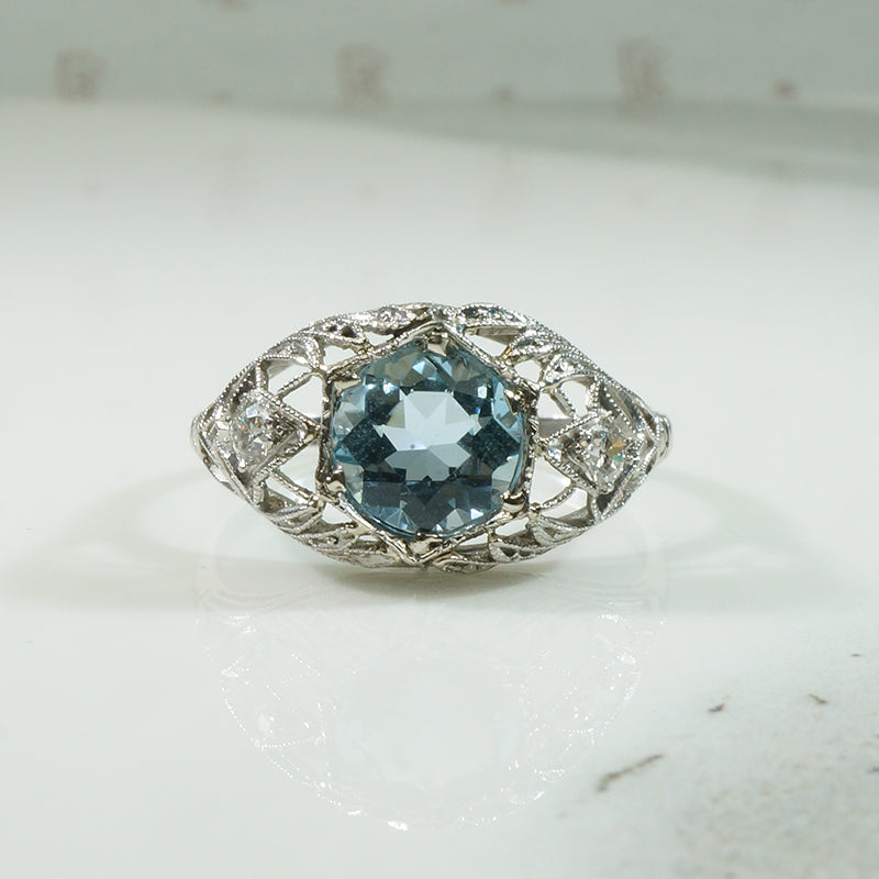Lacy Platinum Edwardian Aquamarine Ring