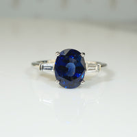Deep Blue Oval Sapphire and Diamond Platinum Engagement Ring