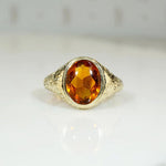 Buff Top Cut Citrine in Engraved Gold Ring