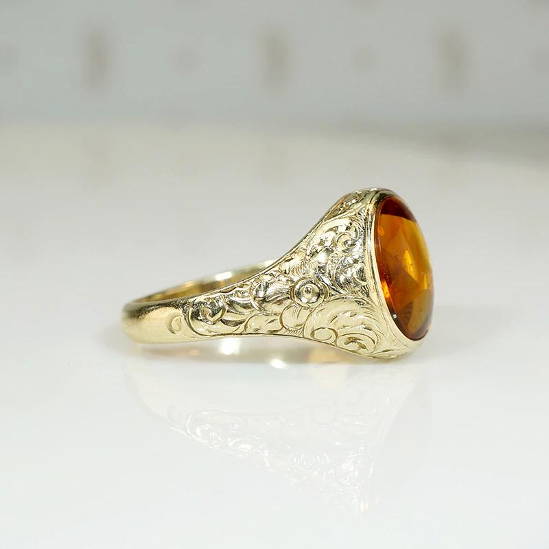 Buff Top Cut Citrine in Engraved Gold Ring