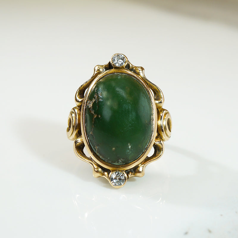 Lovely Art Nouveau Green Turquoise and Diamond Ring