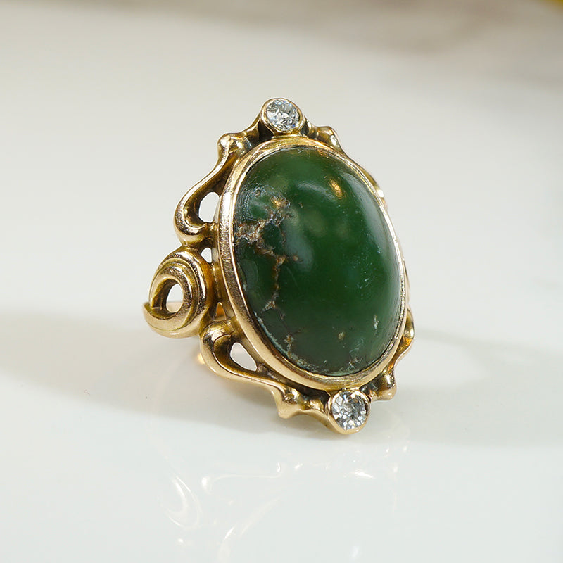 Lovely Art Nouveau Green Turquoise and Diamond Ring