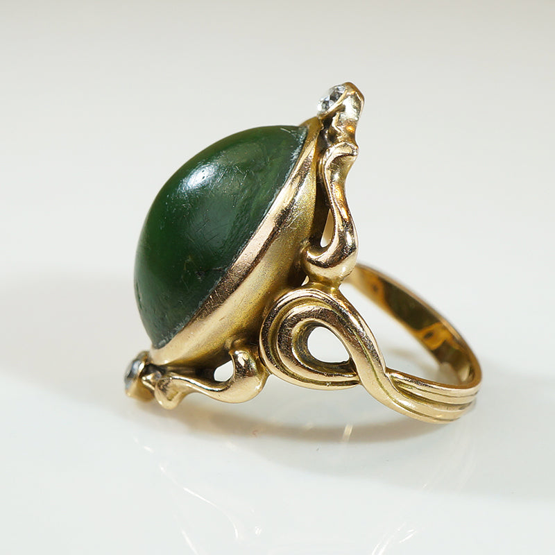 Lovely Art Nouveau Green Turquoise and Diamond Ring