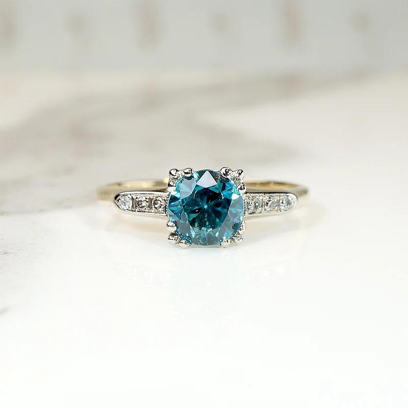 Natural Blue Zircon Two Tone Ring with Diamond Accents
