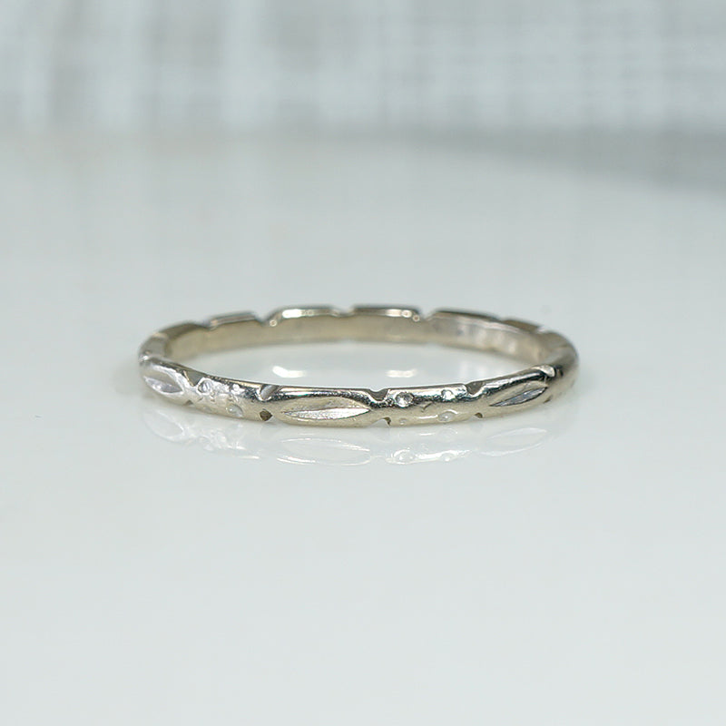 White Gold Band of Dimpled Bars & Faded Flowers