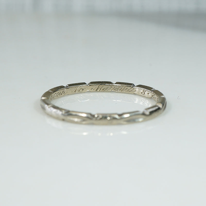 White Gold Band of Dimpled Bars & Faded Flowers