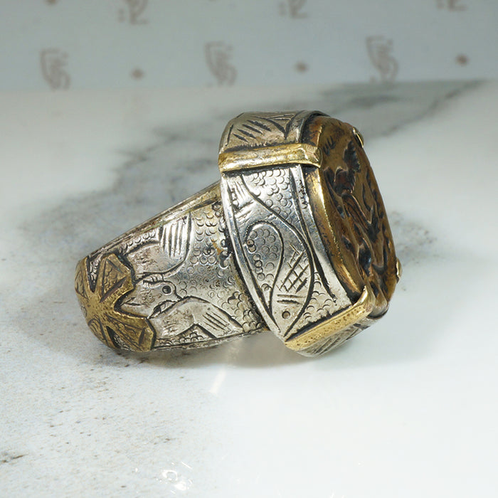 Chunky Engraved Silver Ring with Engraved Brass Sphinx