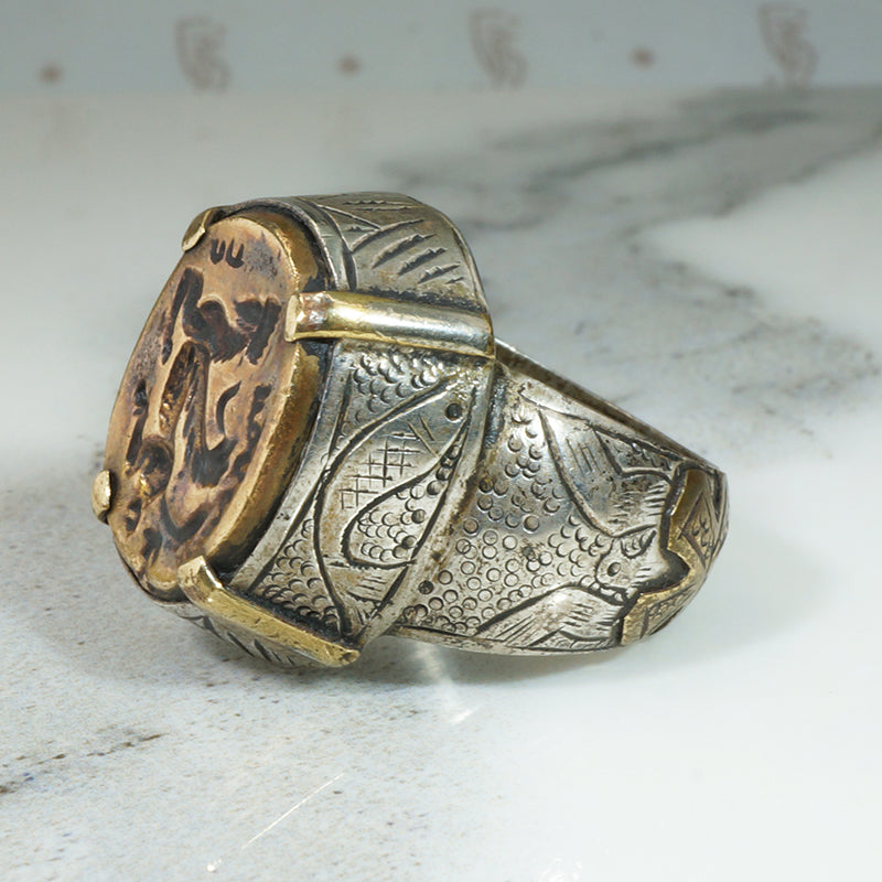 Chunky Engraved Silver Ring with Engraved Brass Sphinx