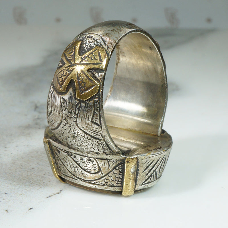 Chunky Engraved Silver Ring with Engraved Brass Sphinx