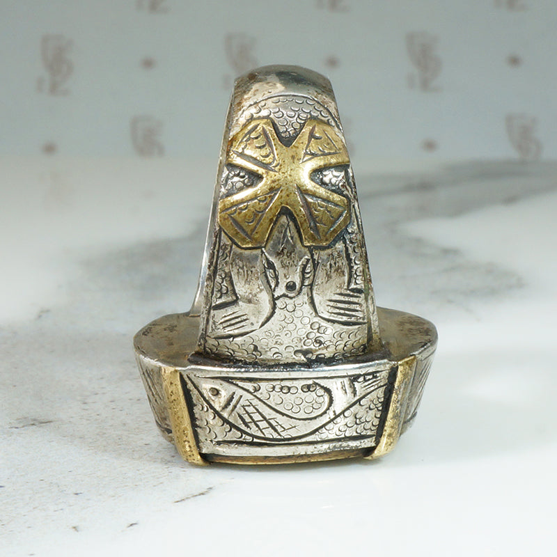Chunky Engraved Silver Ring with Engraved Brass Sphinx