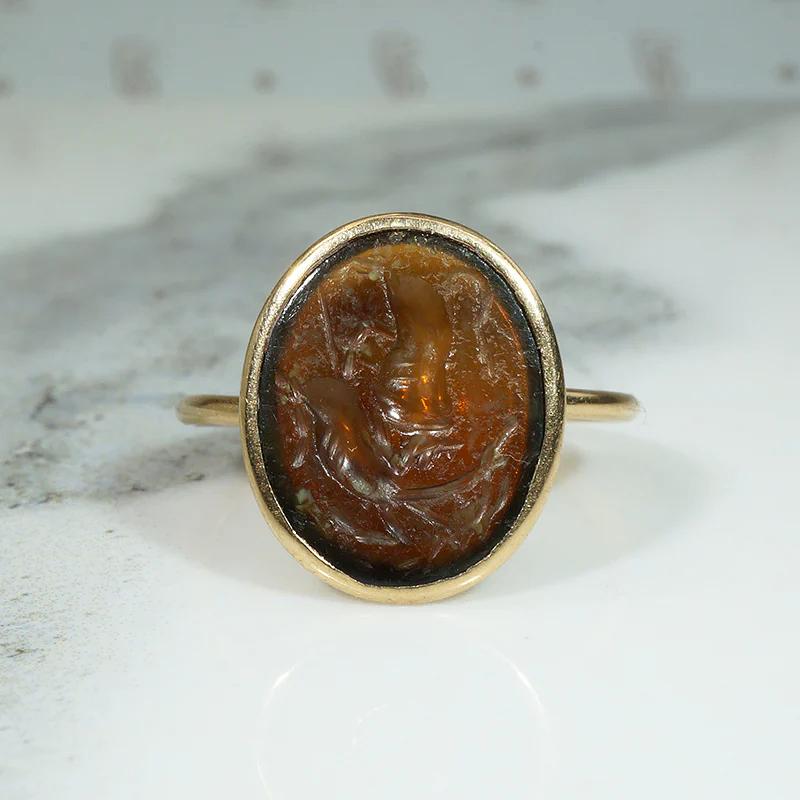 Roman Lion & Dolphin Intaglio in Antique Gold Ring