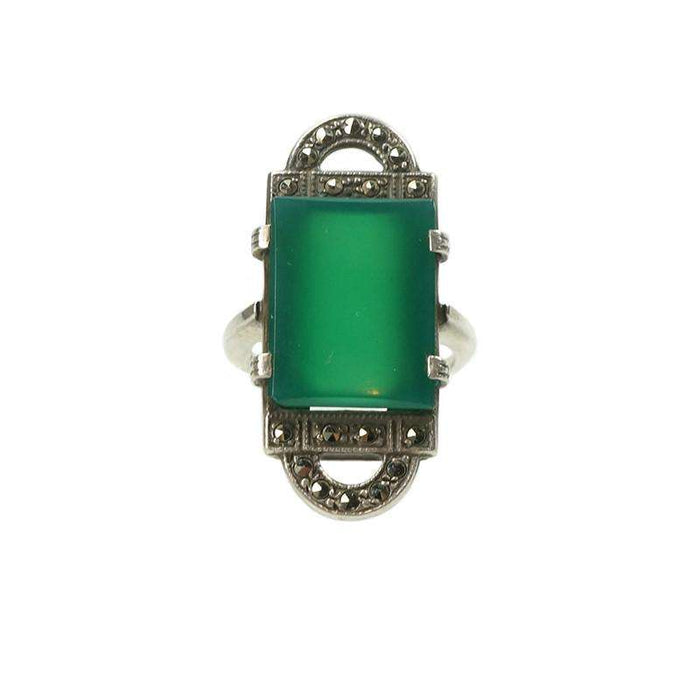 Deco Silver and Marcasite Ring set with Chrysoprase