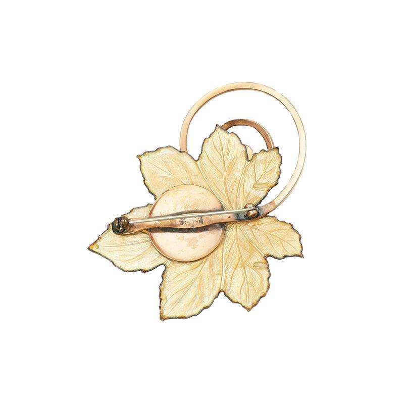 Signed Vintage Enamel Copper Leaf Brooch