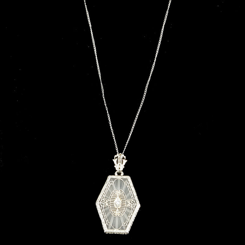 Unusual Camphor Glass in Filigree Necklace