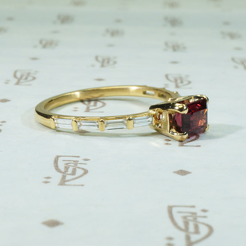Red Spinel and Baguette Diamond Engagement Ring