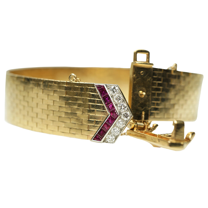 Retro Gold and Platinum Buckle Bracelet Rubies and Diamonds