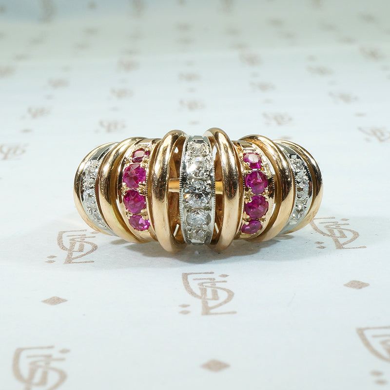 retro 1940's rose gold and platinum ruby and diamond ring