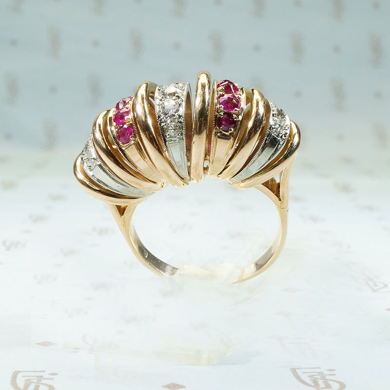 Retro Platinum and Rose Gold Diamond and Ruby Ring