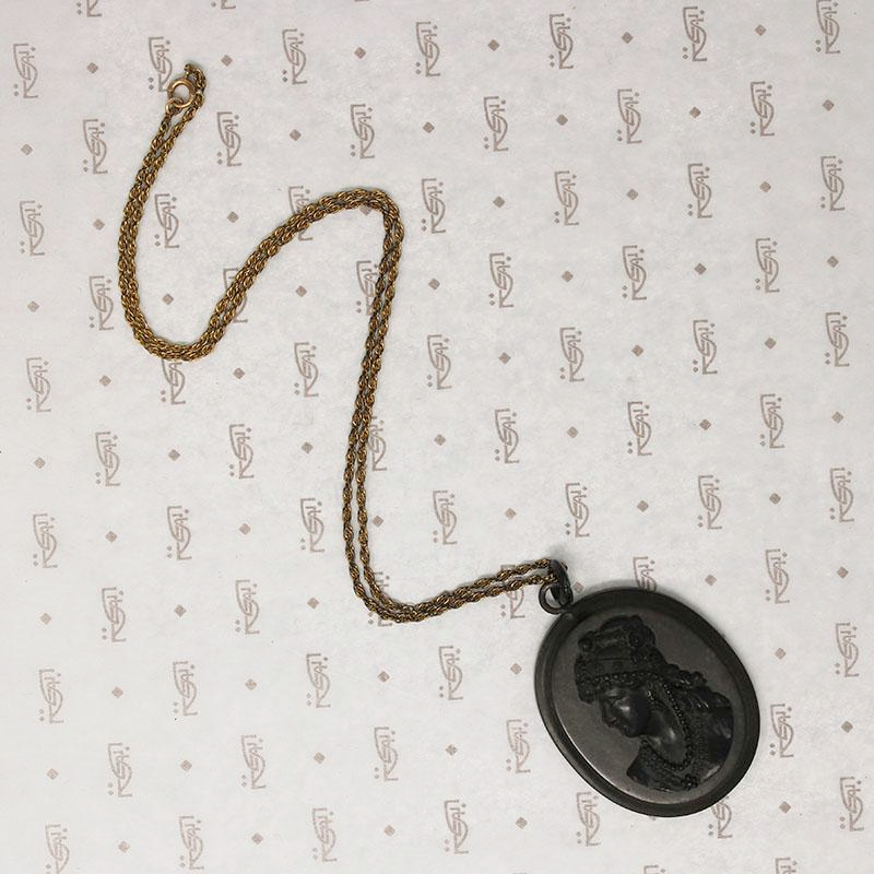 Exquisite Jet Cameo on Gutta Percha Pendant