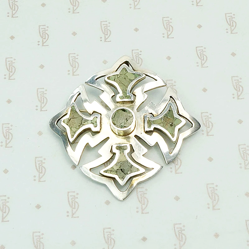 Stylized Taxco Cross Brooch with Green Stone Inlay 