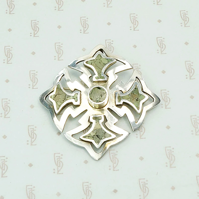 Stylized Taxco Cross Brooch with Green Stone Inlay 